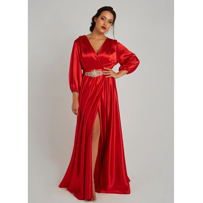 Длинное ярко-красное атласное платье с глубоким разрезом напрокат