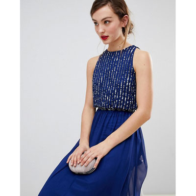 Длинное платье-макси яркого синего цвета с пайетками напрокат