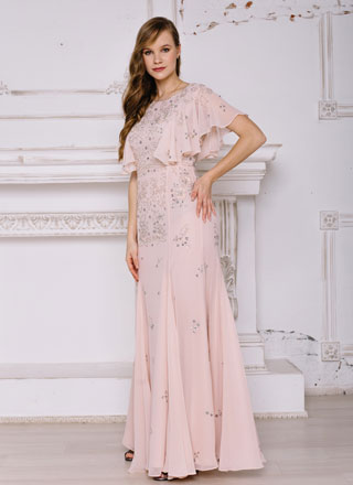 Длинное платье в пол нежно-розового цвета с бисером напрокат