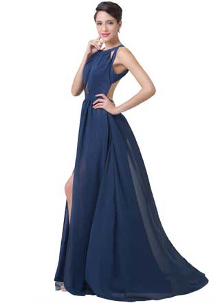 Длинное синее платье с открытой спиной и разрезом напрокат