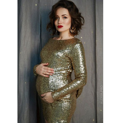 Золотое короткое платье-стрейч для беременных напрокат
