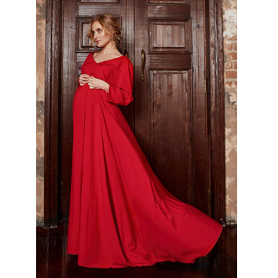 Красное пышное платье для беременной фотосессии