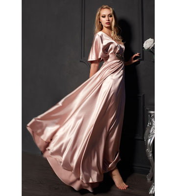 Длинное атласное платье в пол напрокат темно-розового цвета
